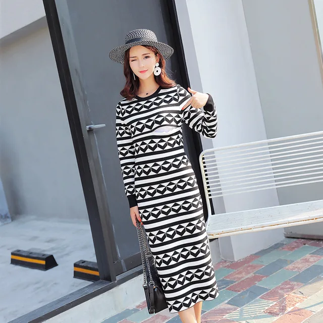 Maternity Dress Autumn And Winter Korean Lactation Sweater Self-cultivation Long Geometry Pattern Long Go Out Lactation Dress