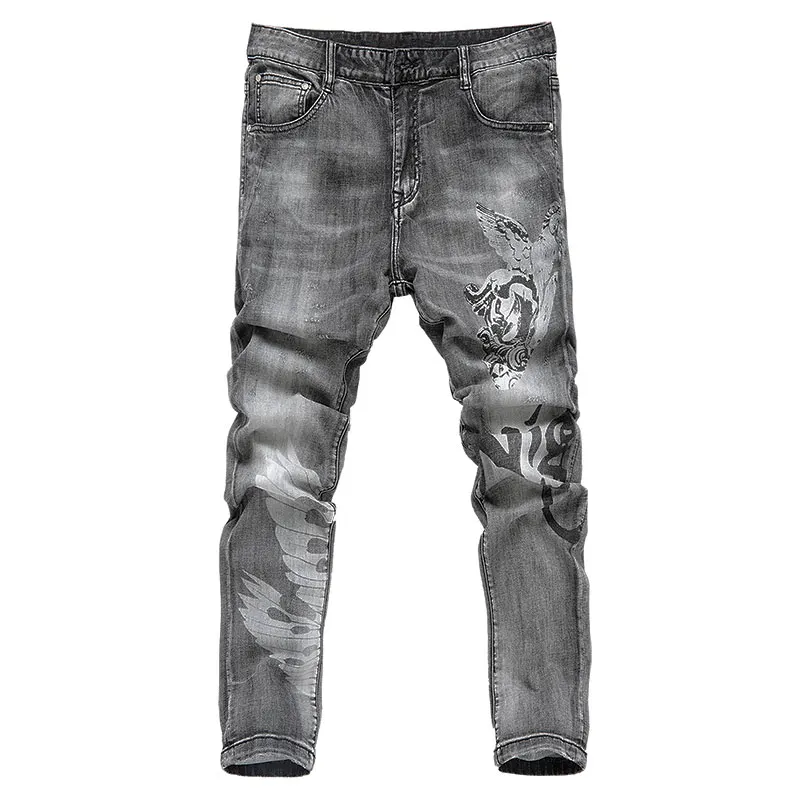 

High Street Men Slim Hip Hop cotton high quality Male Casual jeans Fashion Mens Jeans Grey Designer Printed Jean Denim Pants