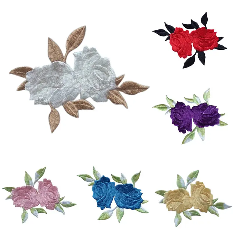 

1PC Iron On Applique Patch Sew On Patch Craft Sewing Repair Embroidered Double Head Rose Flower Leaves Embroidery dropshipping