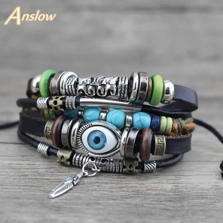 Anslow Punk Design Turkish Evil Eye Bracelets For Women Men Wristband Female Owl Leather Bracelet Ethnic Blue Stone LOW0268LB