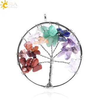 

CSJA Wisdom Life Tree Natural Gem Stone Pendant Reiki Healing Crystal Quartz Chip Bead Rainbow Handmade Jewelry Gift Women E055