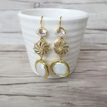 

3 Pairs Natural pearl Electroplated Gold color Earrings,Pave CZ Zirconia Charms Jewelry Findings Dangle Earrings ER584