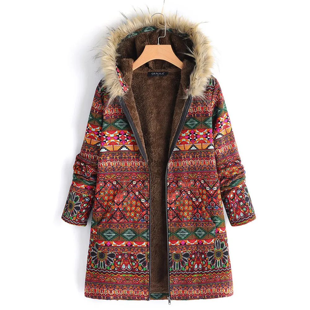 *Womens Plus Size Coat Winter Warm Outwear Floral Print Hooded Pockets Vintage Oversize Coats Women's Casual | Женская одежда