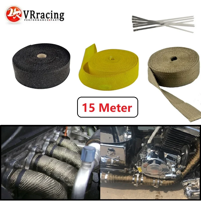 

VR- 15 meter Exhaust Pipe Header Heat Wrap Resistant Downpipe + 6 PCS Stainless Steel Ties for Car Motorcycle Accesories VR1815