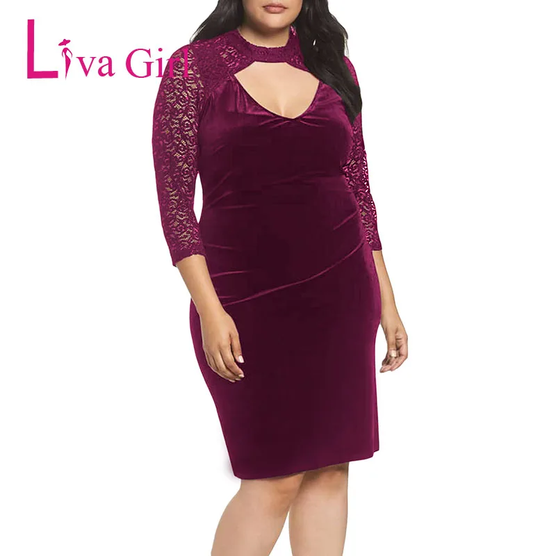 LIVA GIRL вельветовое кружевное платье размера плюс для женщин весеннее блестящее облегающее платье миди сексуальное открытое Клубное платье большого размера 4XL 5XL - Цвет: Burgundy