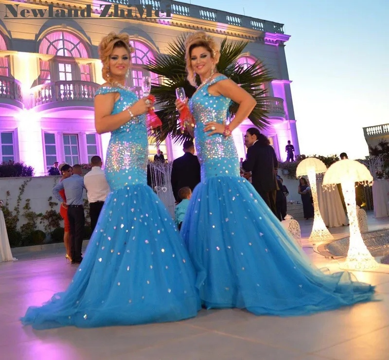 

Lake Blue Mermaid Prom Dress Sparkly Rhinestones V Neck Lace Up Back Tulle Woman Evening Formal Gown Dresses Great Design 2017