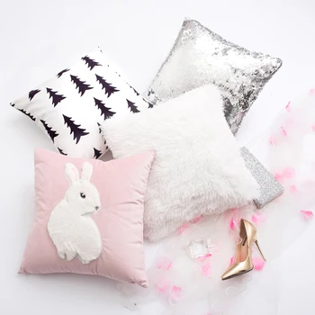 

45*45cm simple modern cushion cover fluffy cat throw pillow cover white fur rabbit pillow case pink waist pillowcase indoor home