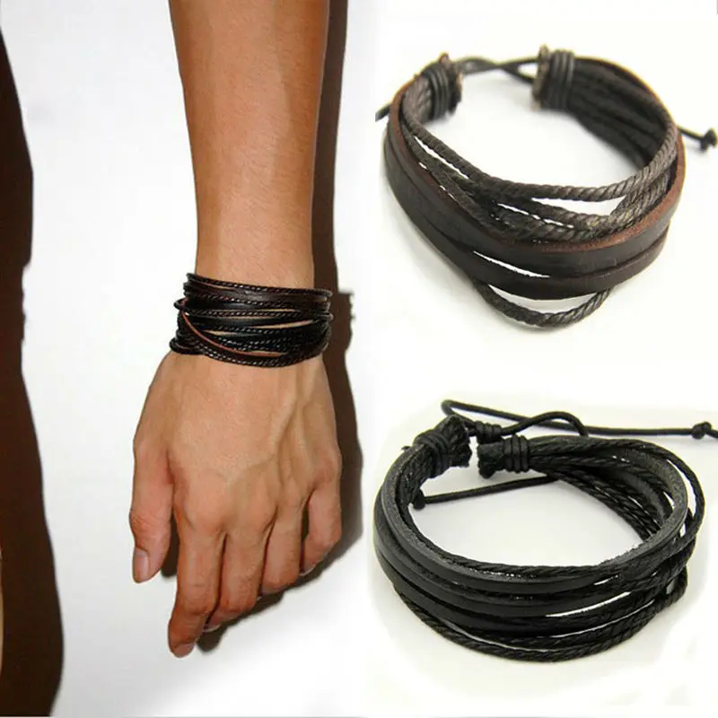 Fashion Brown Black Handmade Leather Braided Surfer Mens Boys Handmade Leather Braided Surfer