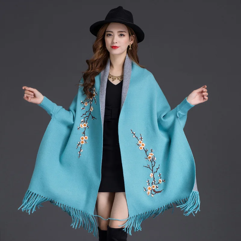 Осень Зима можно носить шаль с двойной каймой-использовать вышивка с рукавами шерсть кашемир толстый кисточкой Плащ женский - Цвет: Синий
