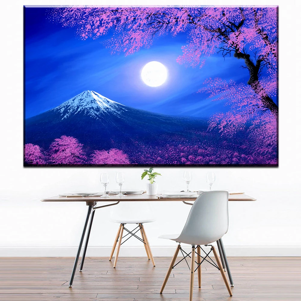 

ZZ1694 Cherry blossoms and mount Fuji Japan moon night canvas art wall poster and prints oil art painting for home decoration