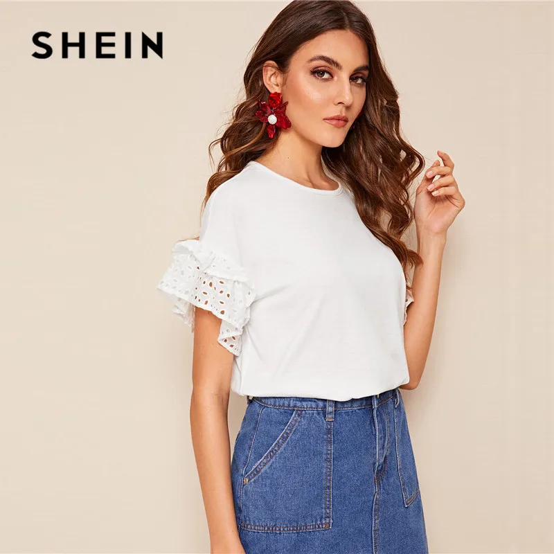 Женская футболка с оборками SHEIN белая однотонная короткими рукавами круглым