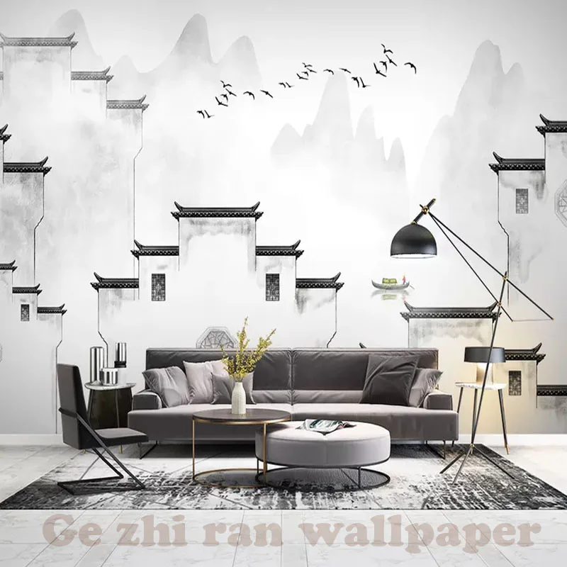 

Custom 3D Photo Wallpaper Creative Home Decor Chinese style Ink Landscape Architecture Papel De Parede Mural Wallpaper 3d