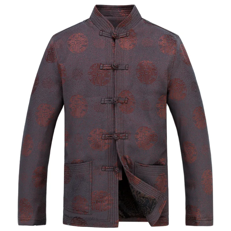 Thicken Fleece Jacket Men Brown Print Coats Winter Mandarin Collar