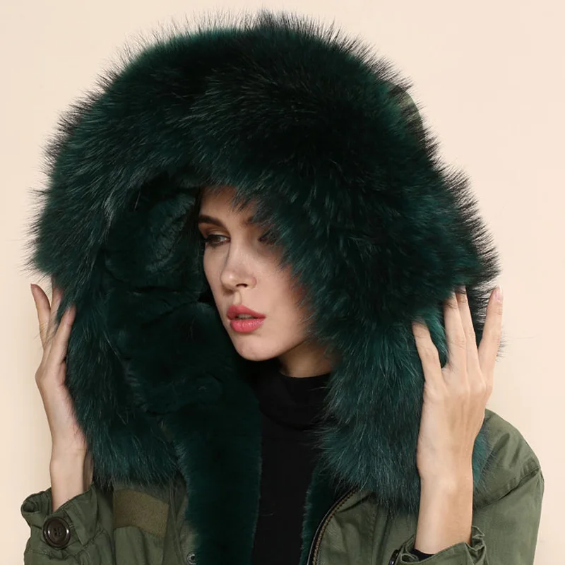 Dark green elegant real fur Mrs fur collar coat big collar army green