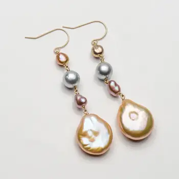 

5-15mm Multicolor Genuine Akoya Pearl Keshi Pearl Drop Earrings 9k Yellow Gold