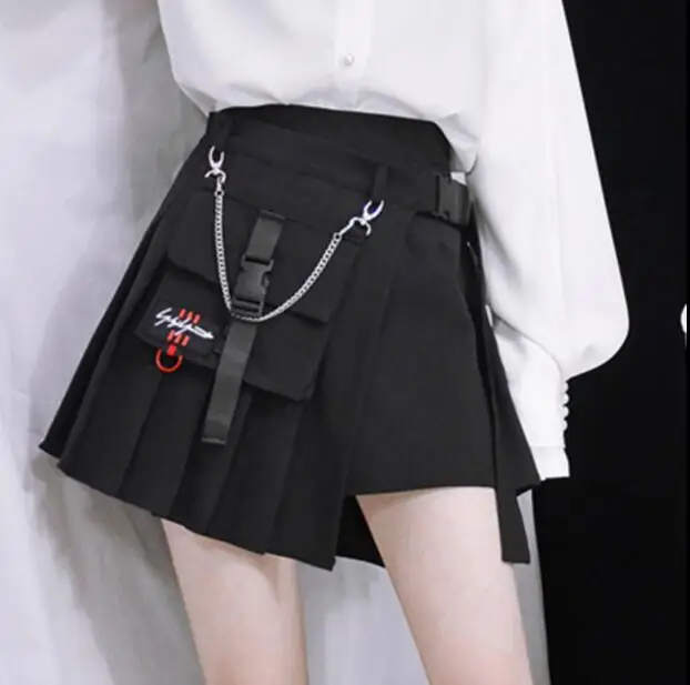 Новая женская короткая юбка Харадзюку с карманами и цепочкой, с высокой талией, летняя модная сексуальная А-образная мини плиссированная юбка