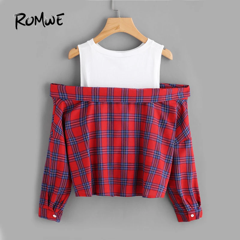  ROMWE Open Shoulder Check 2 In 1 Shirt Tunic Vogue Blouse Women Red Button Plaid Top Fall 2019 Long