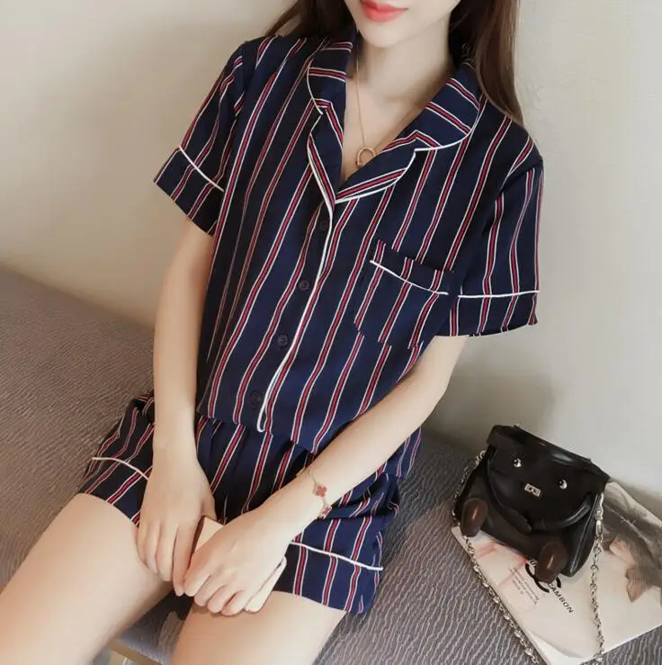 

New spring autumn A set of coat shorts and headband Sweet pajamas female Chiffon Korea style Stripe Lovely Leisure wear