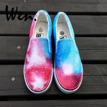 Вэнь оригинальные окрашены вручную обувь без шнуровки дизайн на заказ синий розовый Galaxy Stars парусиновые кроссовки мужские женские рождественские подарки