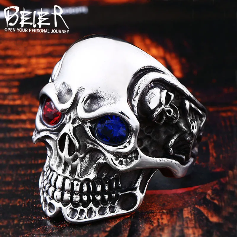 

BEIER Stainless Steel men's Gothic Carving kapala Skull Ring with red/blue eye rock personality biker Jewelry For man BR8-547