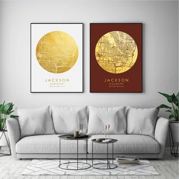 

Colored And Gold City Maps Jackson Mississippi USA Canvas Poster Wall Pictures for Living Room No Frame