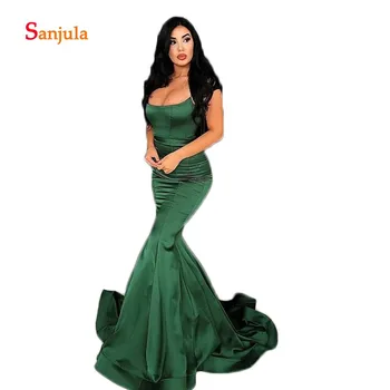 

Dark Green Satin Evening Dresses Mermaid Simple Long Evening Gowns Spaghetti Straps Open Back Pageant Party Gowns for Women D994