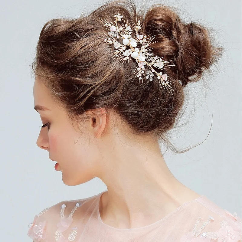 Pine Needle Hair Comb With Shell Flower Pearl Beaded Bride Headdress Bridal Headpiece Wedding