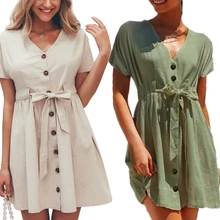 Vestido de verano Vintage sencillo para mujer, vestidos de manga corta con lazo, vestido con cuello en V, envío directo