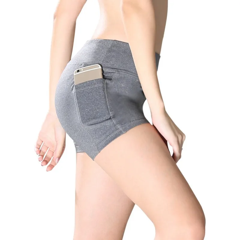 

High Waist Elastic Pocket Stitching Hip Bottoming Shorts Solid Color Running Fitness Shorts
