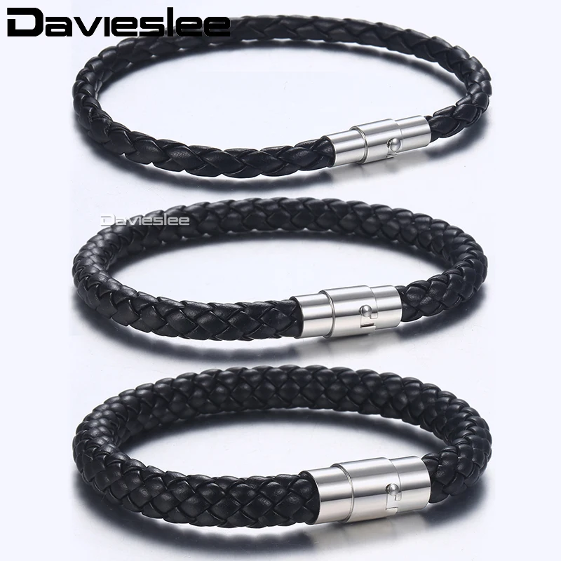 Davieslee Bracelets for Men Black Brown Braided Cord Rope Stainless Steel Clasp Man-made Leather Mens Bracelet 4/6/8mm LLBM118A - Image 2