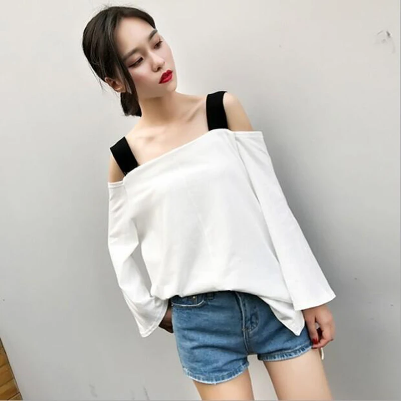 

Spring Summer New Style T-shirt Woman Solid Color Spaghetti Strap Slash Neck Off Shoulder Women Tops Tees Loose Women T shirt