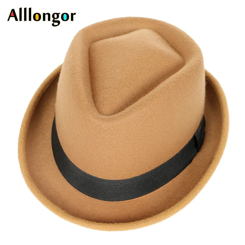 Модная Осенняя зимняя женская шерстяная фетровая шляпа, Мужская джазовая Панама, однотонная черная винтажная шляпа Трилби, фетровая шляпа