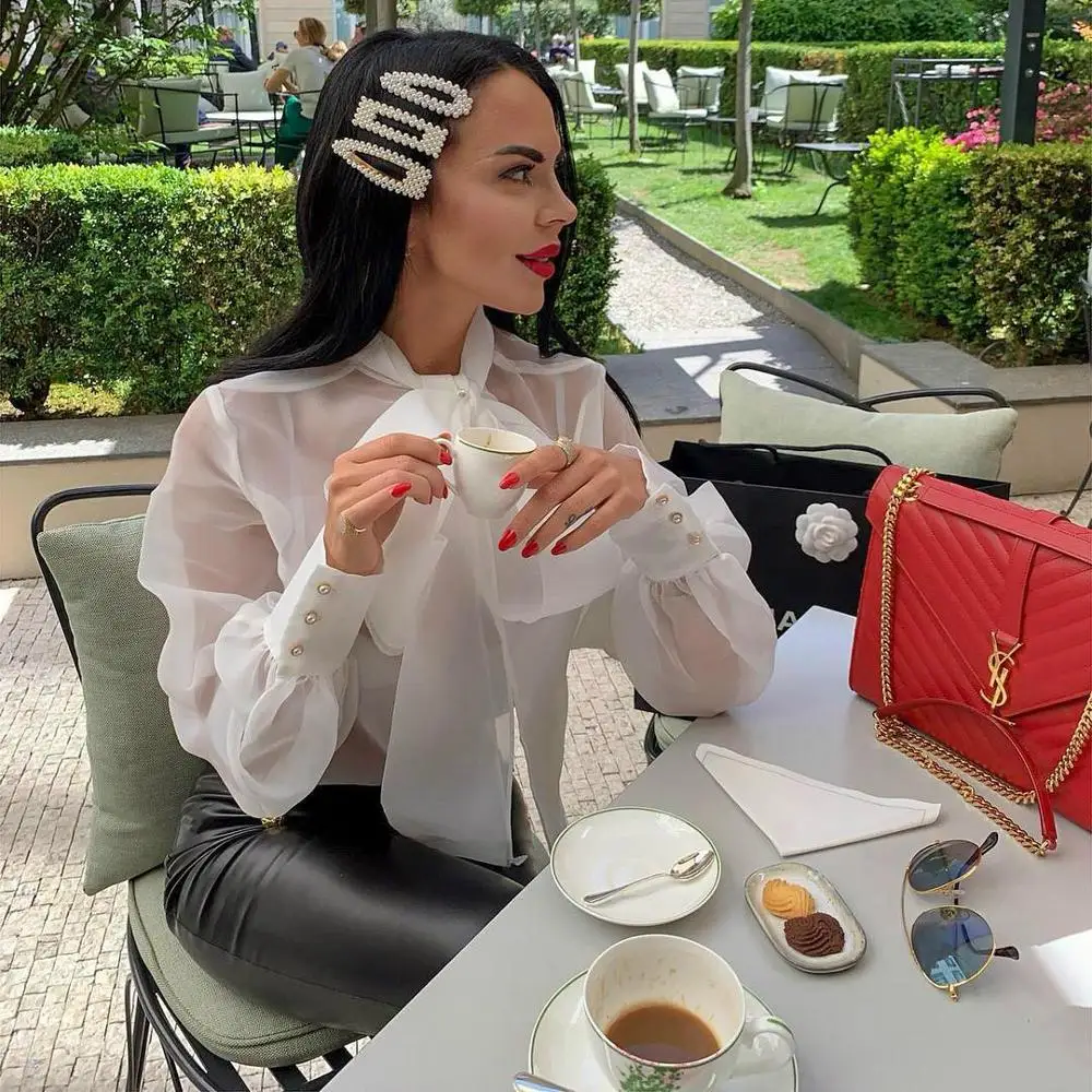 Echoine Women Loose Organza Chiffon Blouse Bow Tie Strap Stand Collar Puff Sleeve Shirt Ladies Soild Color Autumn Elegant Shirt