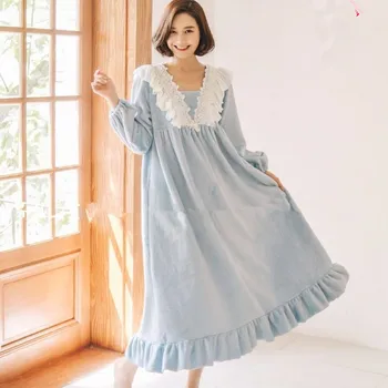 

Flannel palacess warm winter new women sleep dress lace patchwork princess Nightgowns long sleeve v-neck home clothes gx1262