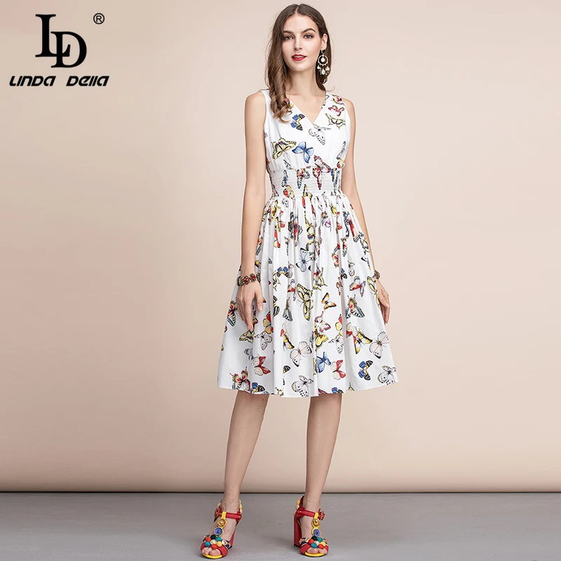 

LD LINDA DELLA Fashion Runway Sleeveless Summer Dress Women's V Neck elastic Waist Butterfly Printed Casual White Cotton Dress