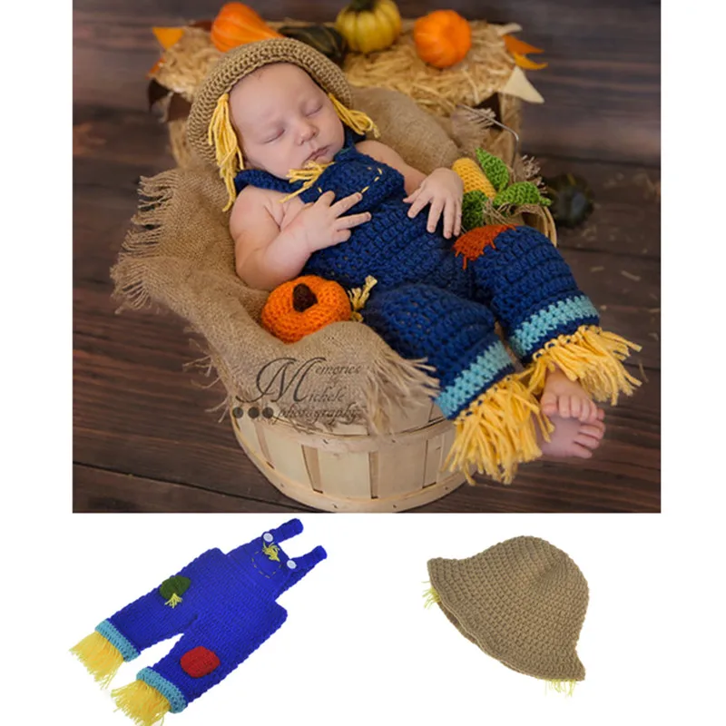 

Newborn Baby Crochet Knit Scarecrow Costume With Knit Pumpkin Corn Accessories Infant Photo Props Clothes Kids Halloween Costume
