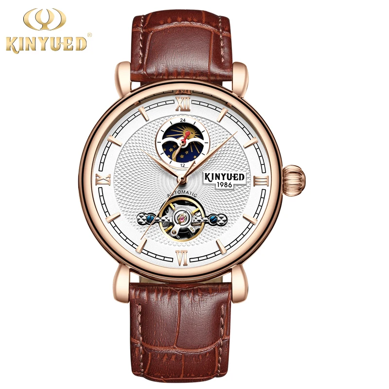 

Kinyued Fashion Mechanical Watches Men New Moon Phase Automatic Waterproof Hand Watch Tourbillon Male Leather Strap Wristwatch