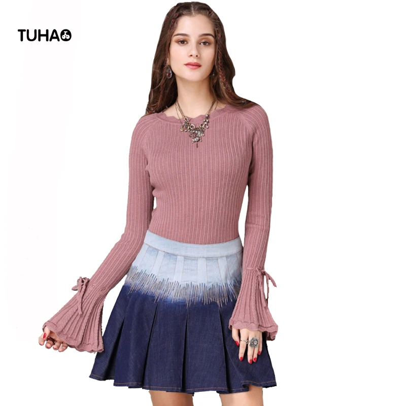 TUHAO Collar Detachable Flare Sleeve Sweater Women Tops Slim Fit