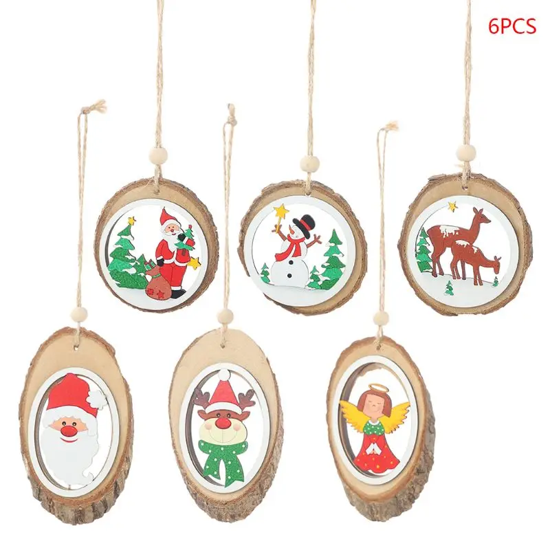 

6pcs/set Christmas Wooden Bark Pendants Round Cutout Pattern DIY Crafts Christmas Tree Ornament Home Decoration