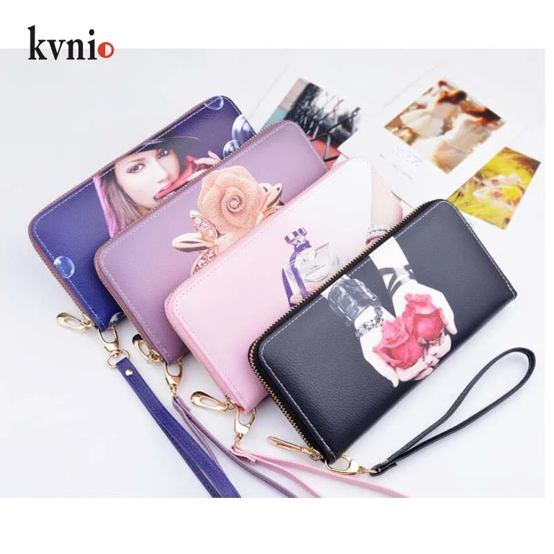 

Women's Purse 2018 Fashion Printing Leather Clutch Wallets Women Money Card Holder Female Zipper Purple Pink Black Phone Wallets