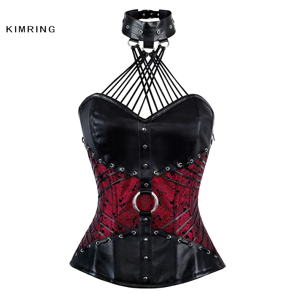

Kimring Steampunk Corset Women's Gothic Steel Boned Overbust Corset Top Halter Neck Waist Trainer Rivets Corsets and Bustiers
