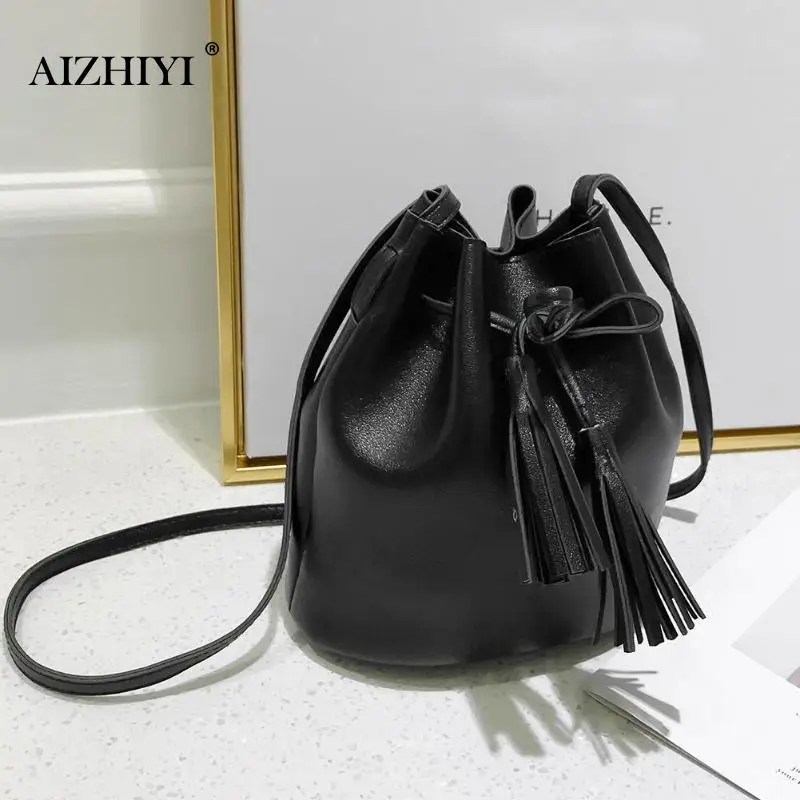 Fashion Pu Leather Mini Shoulder Bags Women Tassels Drawstring Messenger Bucket Small Crossbody Casual Girls Handbag Bolso Bag