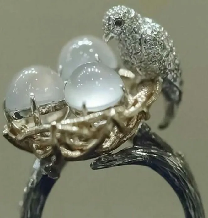 

Women Moonstone Bird egg 925 Plated Silver Engagement Wedding Jewelry Size 6-10