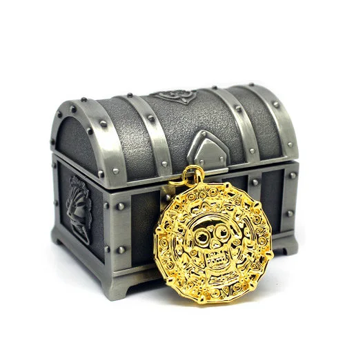 

Free Shipping Gold Color Aztec Coin Pendant Necklace The Pirates of The Caribbean + Treasure Chest Metal Box