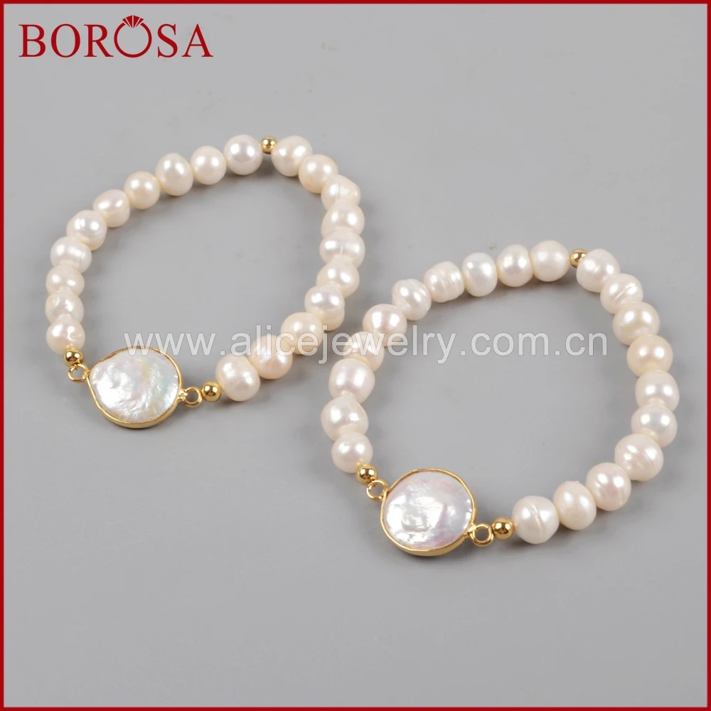 

BOROSA 1 piece Natural Pearl Bracelets Bangles,Drusy Gold Color Freshwater Pearl Beaded Bracelet for Handmade Jewelry G1407