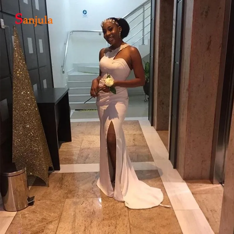 Одно плечо белый платья невесты 2019 Оболочка Аппликации ноги Разделение разрез Свадебные платья для вечеринок африканские платья для