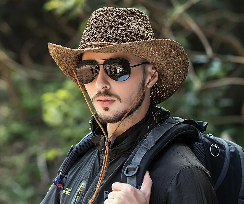 Outdoor Cowboy Hat Men's Summer Hand-made Cowboy Straw Cap Male Casual Fishing Climbing Sun Protection Breathable Hats H7260