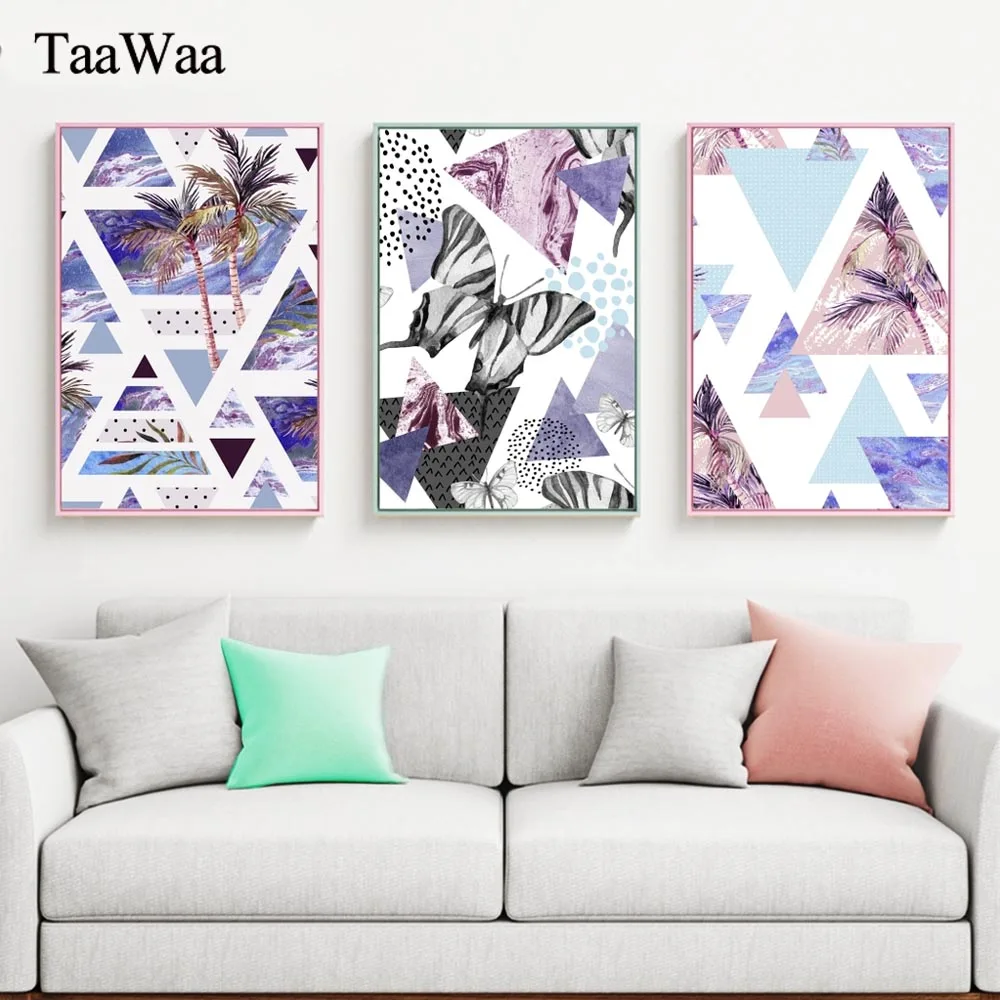 

TaaWaa Watercolor Abstract Poster Coconut Tree Triangular Geometry Canvas Painting Nordic Wall Art Pictures for Lady House Decor