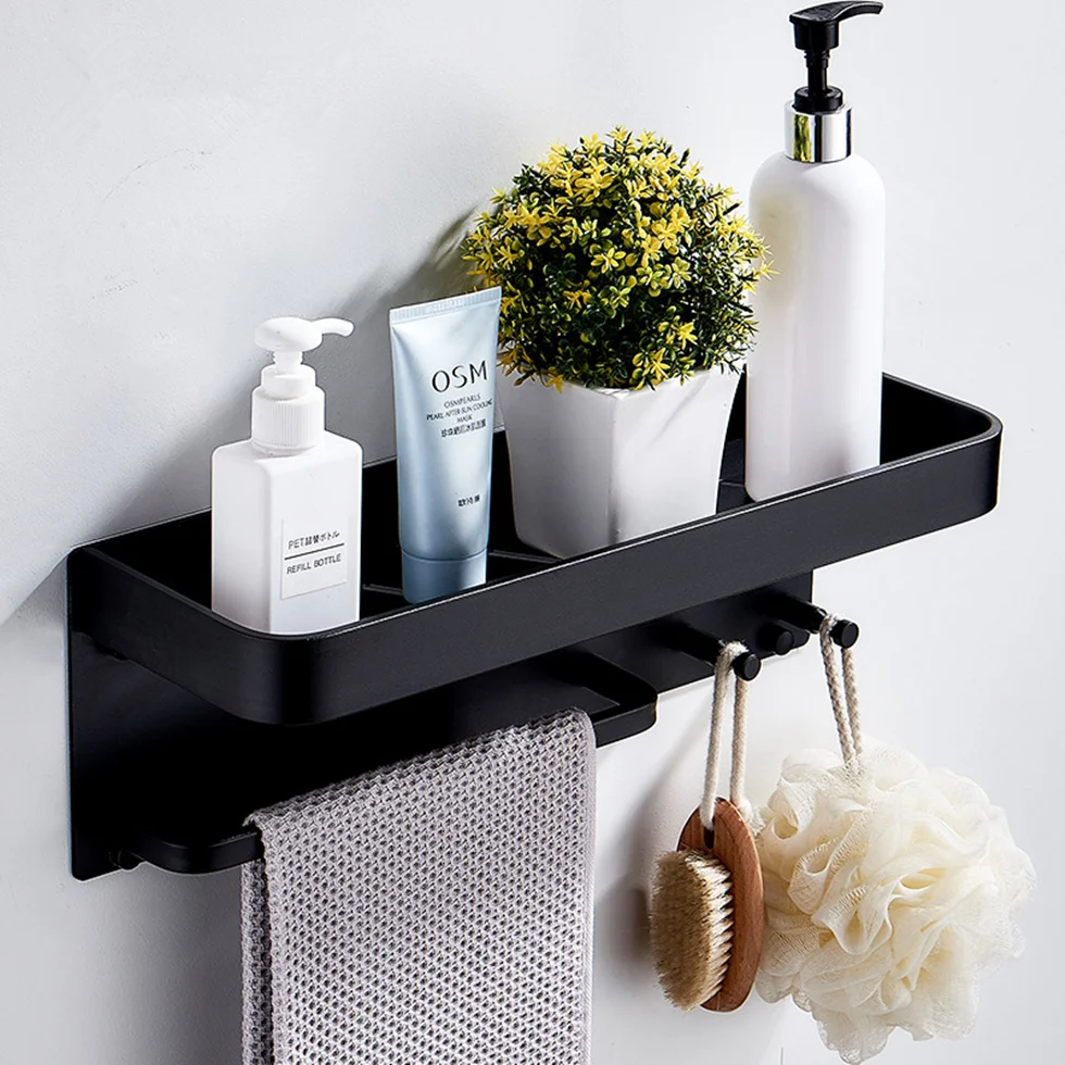 Настенная черная стойка для ванной комнаты, Алюминиевая Полка для ванной комнаты с крючками, стойка для душа для хранения шампуня, полотенца, организации