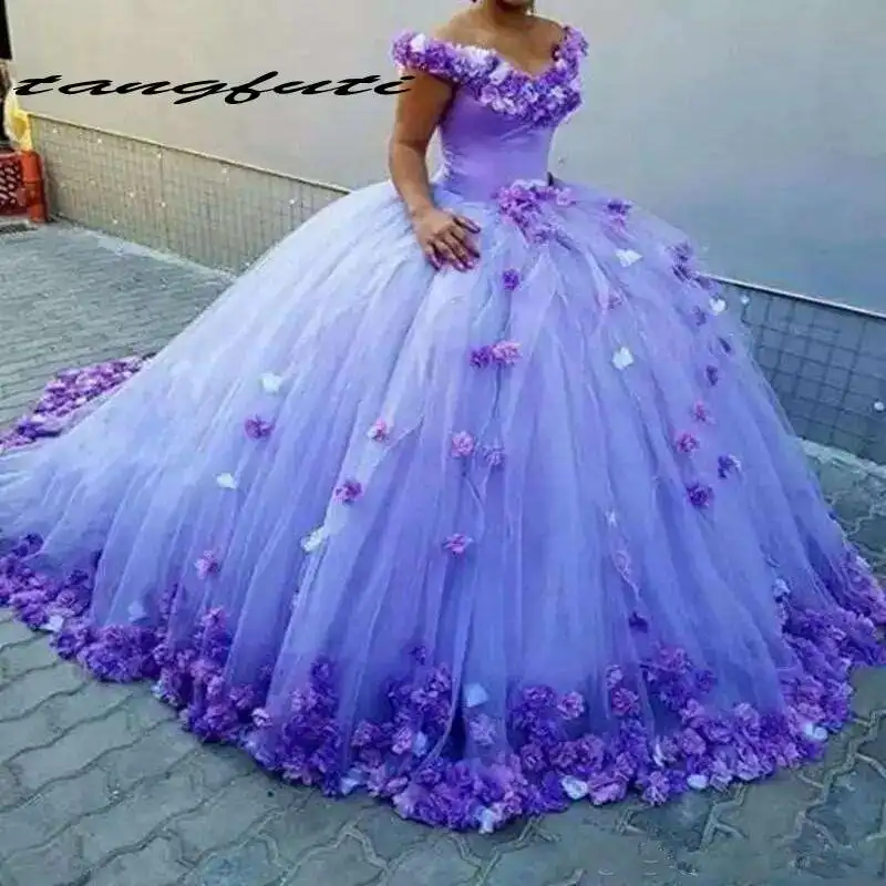 

Ball Gown Quinceanera Dresses Purple Handmade Flowers Bridal Dress Off The Shoulder Sweet 16 Dresses vestidos de 15 anos